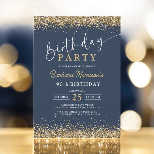 Invitación Purpurina de oro moderno Navy cumpleaños azul cual (Subido por el creador)