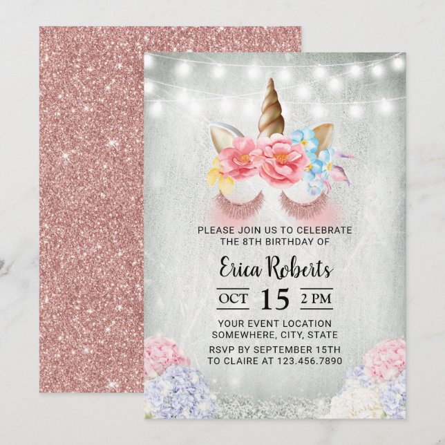 Invitación Purpurina de oro moderno Rosa unicornio cumpleaños (Anverso / Reverso)