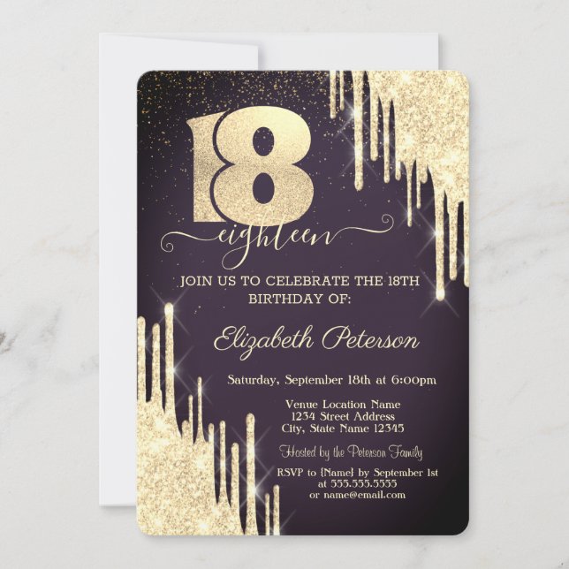 Invitación Purpurina de oro moderno se lleva 18 cumpleaños de (Anverso)