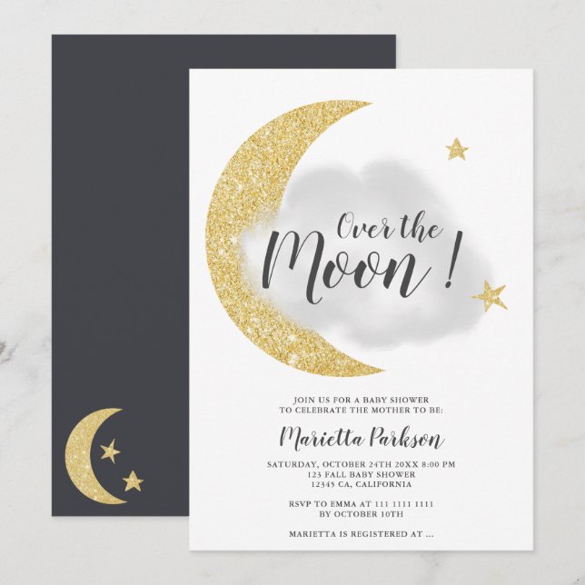 Invitación Purpurina de oro moderno sobre la ducha de bebé es (Anverso / Reverso)