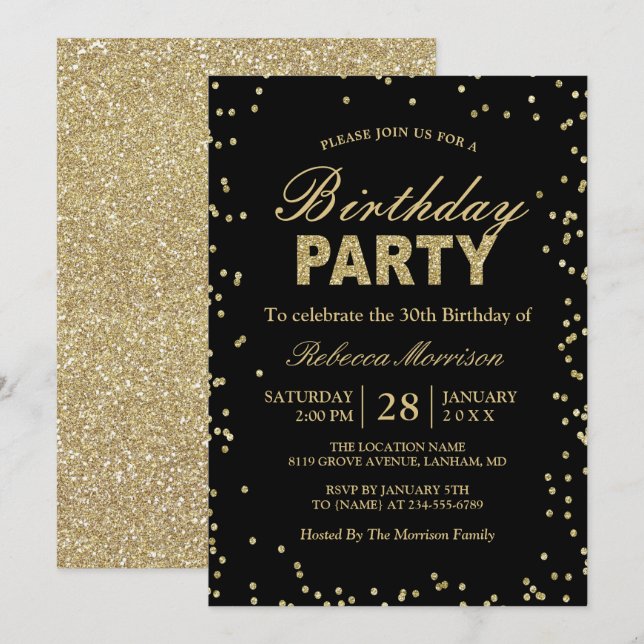 Invitación Purpurina de oro moderno suspende fiesta de cumple (Anverso / Reverso)
