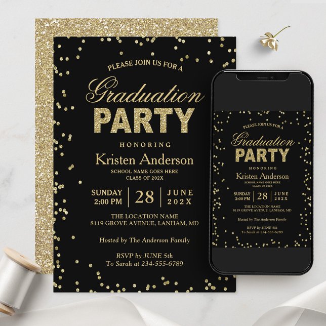 Invitación Purpurina de oro moderno suspende la fiesta de gra (Subido por el creador)