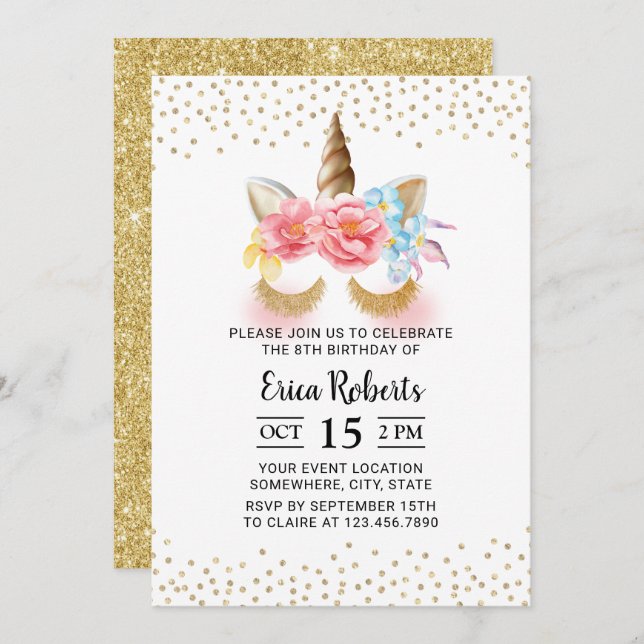 Invitación Purpurina de oro moderno Unicornio 8 cumpleaños (Anverso / Reverso)