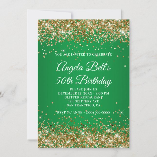 Invitación Purpurina de oro Monograma Green Ombre 50 cumpleañ (Reverso)