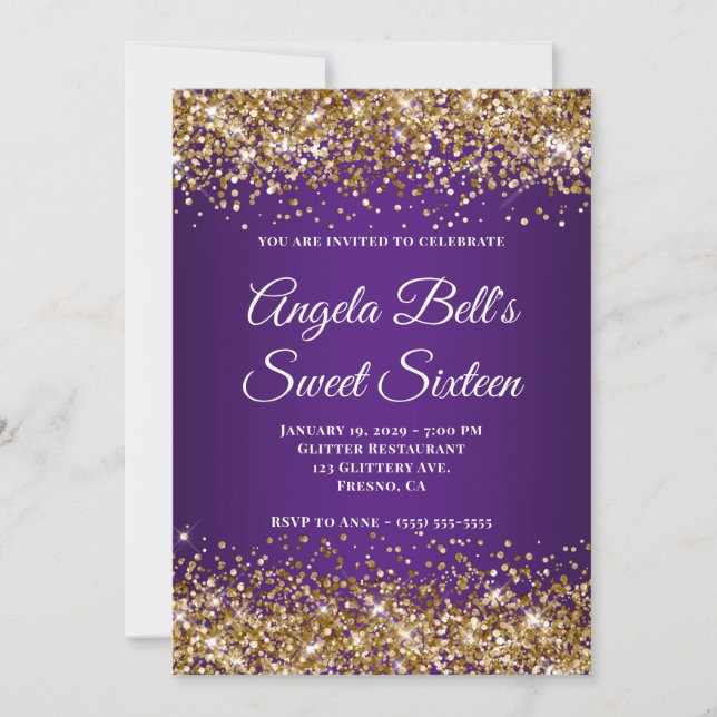 Invitación Purpurina de oro Monograma real morado dulce dieci (Anverso)
