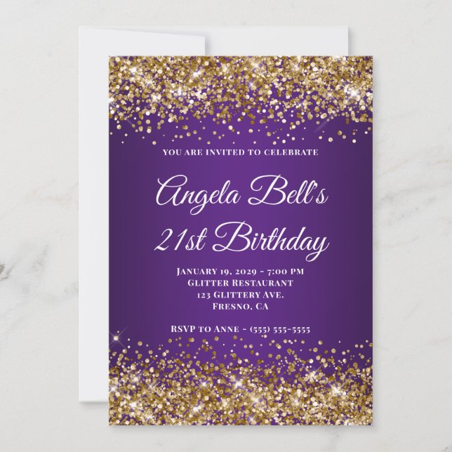 Invitación Purpurina de oro Monograma real púrpura 21 cumplea (Anverso)
