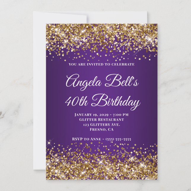 Invitación Purpurina de oro Monograma real púrpura 40 cumplea (Anverso)