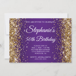 Invitación Purpurina de oro Monograma real púrpura 50 cumplea