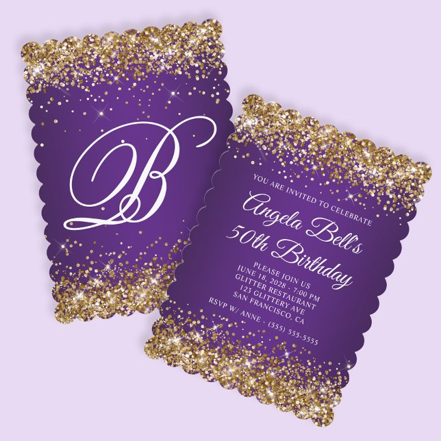 Invitación Purpurina de oro Monograma real púrpura 50 cumplea (Create your own royal purple and faux gold glitter birthday invite.)