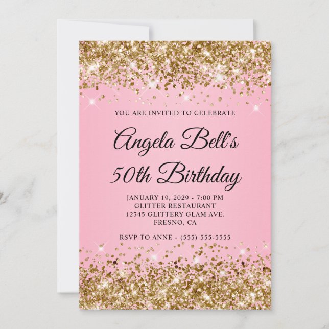 Invitación Purpurina de oro Monograma Rosa Fancy 50 cumpleaño (Anverso)