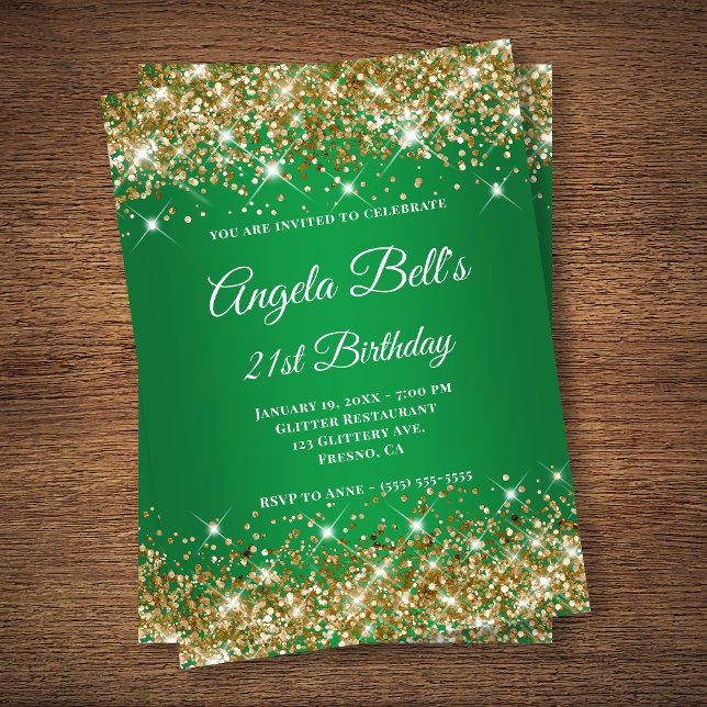 Invitación Purpurina de oro Monograma Verde Ombre 21 cumpleañ (Subido por el creador)