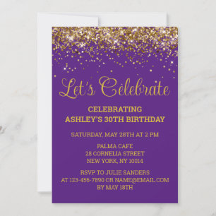 Invitación Purpurina de oro morado 30 cumpleaños celebremos