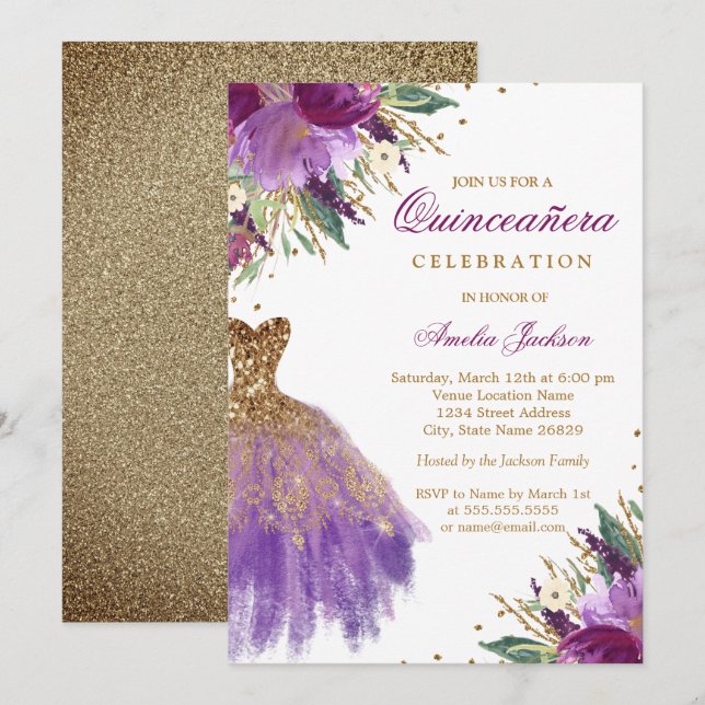 Invitación Purpurina de oro morado Amethyress Quinceanera (Anverso / Reverso)