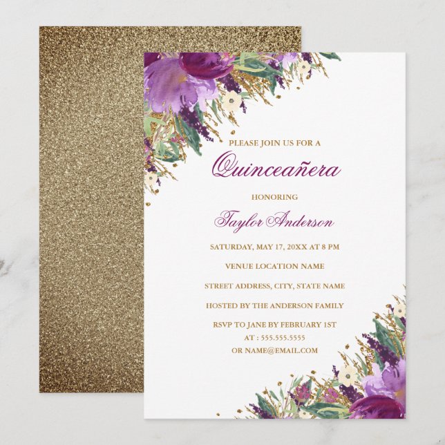 Invitación Purpurina de oro morado Amethyst Floral Quinceaner (Anverso / Reverso)