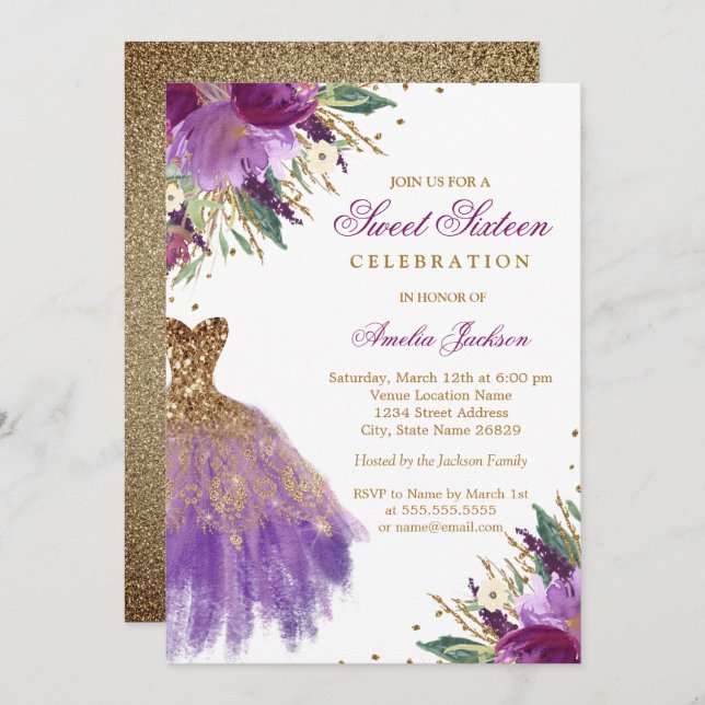 Invitación Purpurina de oro morado Amethyst Vestido Dulce Die (Anverso / Reverso)