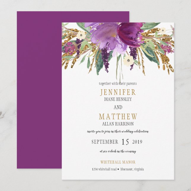 Invitación Purpurina de oro morado Ametista Boda de vegetació (Anverso / Reverso)