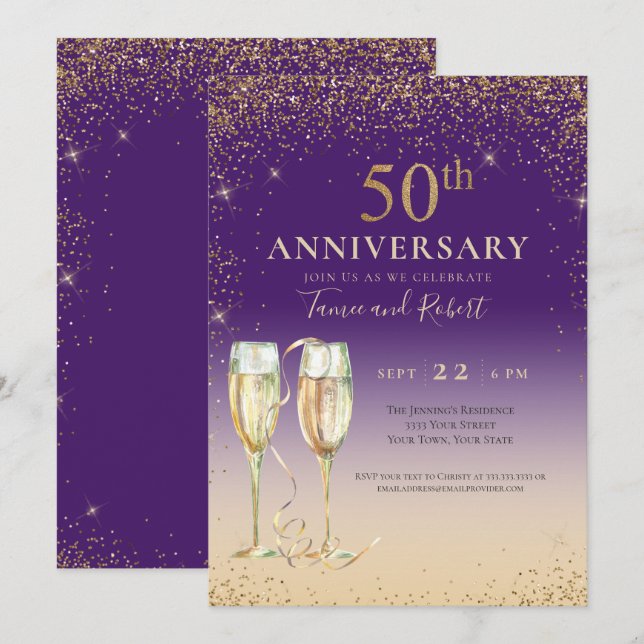 Invitación Purpurina de oro morado Champagne 50 aniversario (Anverso / Reverso)