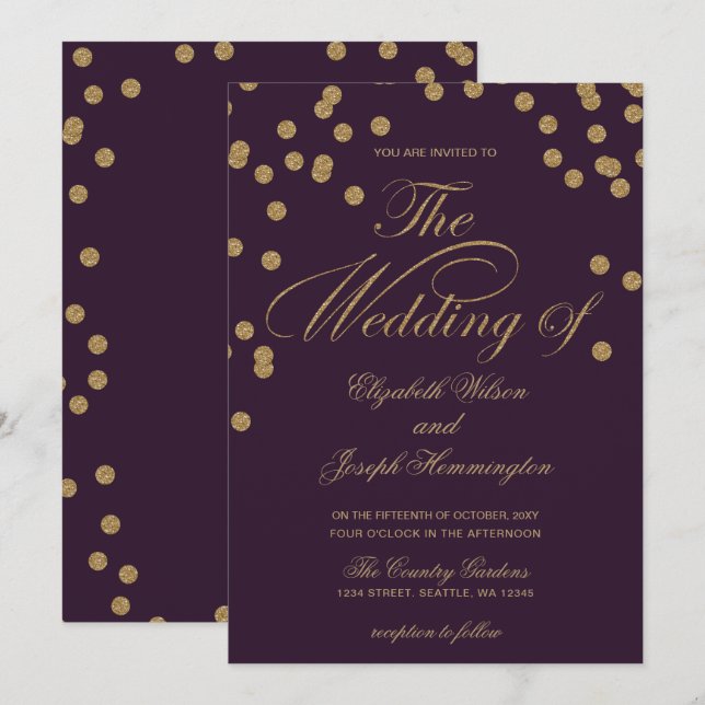 Invitación Purpurina de oro morado Confetti elegante matrimon (Anverso / Reverso)