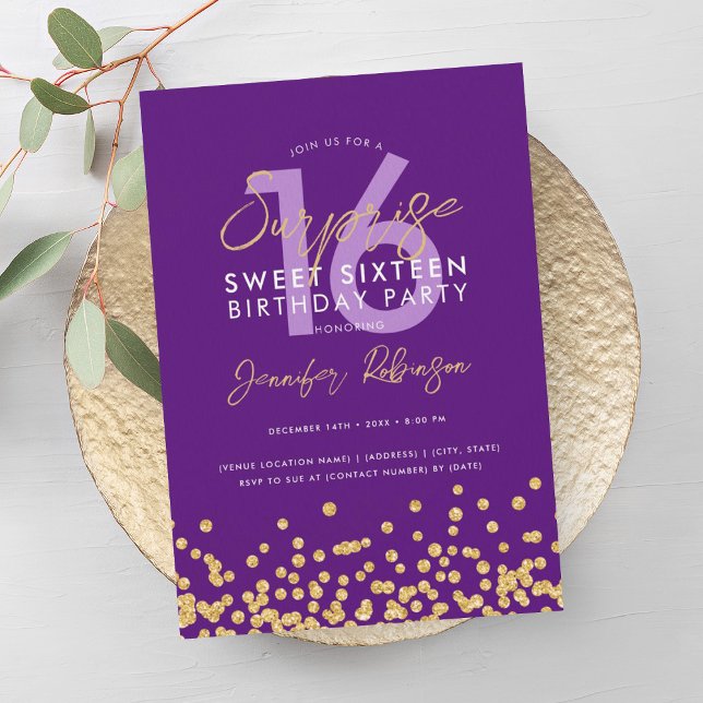 Invitación Purpurina de oro morado Confetti Surprise Sweet 16 (Purple Gold Glitter Confetti Surprise Sweet 16 Invitation)