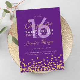 Invitación Purpurina de oro morado Confetti Surprise Sweet 16