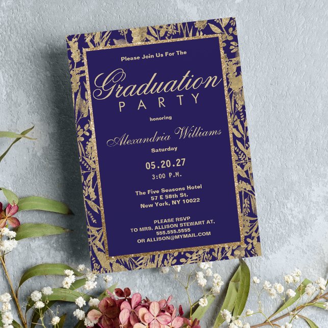 Invitación Purpurina de oro morado de lujo floral Graduación (Luxury purple gold glitter floral Graduation)