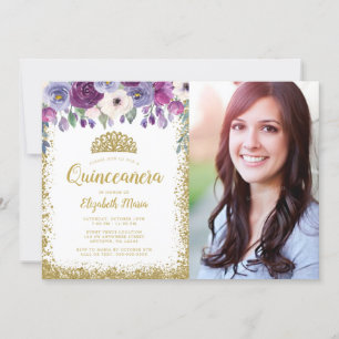Invitación Purpurina de oro morado floral Tiara Quinceanera F