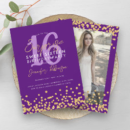Invitación Purpurina de oro morado foto sorpresa dulce 16