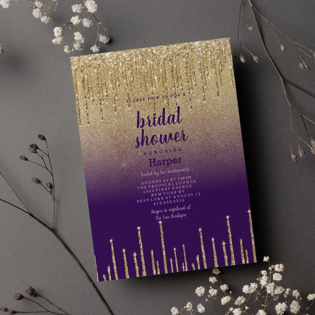 Invitación Purpurina de oro morado garrapata de goteo sombrío (Purple gold glitter ombre drip scrip Bridal Shower)