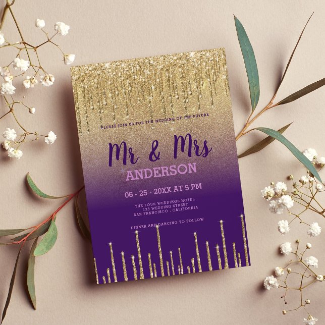 Invitación Purpurina de oro morado gotea guion MR boda MRS (Purple gold glitter drips script MR MRS wedding )