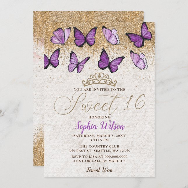 Invitación Purpurina de oro morado mariposa dulce 16 (Anverso / Reverso)