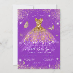 Invitación Purpurina de oro morado mariposa gown Quinceanera