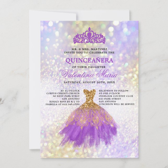 Invitación Purpurina de oro morado Quinceaneara Fiesta (Anverso)