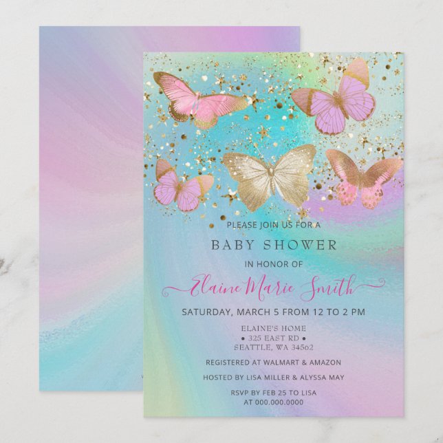 Invitación Purpurina de oro Morado rosa mariposas Baby Shower (Anverso / Reverso)