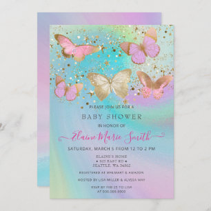 Invitación Purpurina de oro Morado rosa mariposas Baby Shower