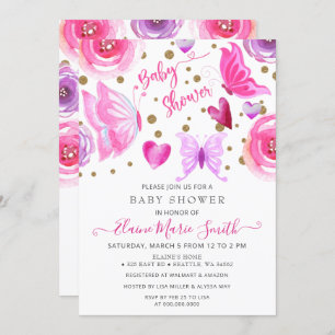 Invitación Purpurina de oro Morado rosa mariposas Baby Shower