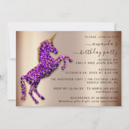 Invitación Purpurina de oro morado Unicorn Rosa de oro