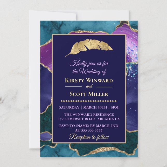 Invitación Purpurina de oro morado Verde azulado Boda de agan (Anverso)