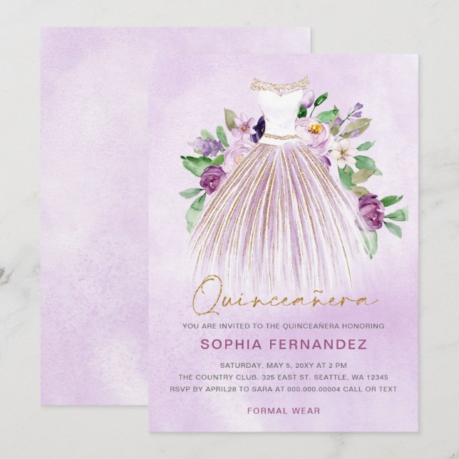 Invitación Purpurina de oro morado Vestido floral Quinceañera (Anverso / Reverso)