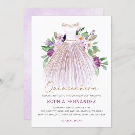 Invitación Purpurina de oro morado Vestido floral Quinceañera