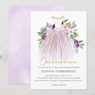 Invitación Purpurina de oro morado Vestido floral Quinceañera
