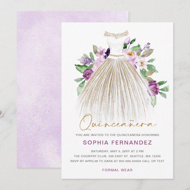 Invitación Purpurina de oro morado Vestido floral Quinceañera (Anverso / Reverso)