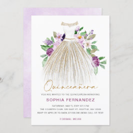 Invitación Purpurina de oro morado Vestido floral Quinceañera