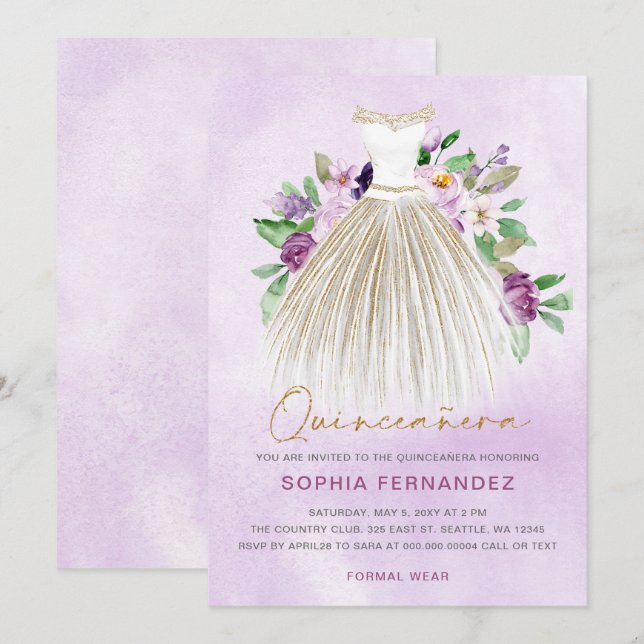 Invitación Purpurina de oro morado Vestido floral Quinceañera (Anverso / Reverso)