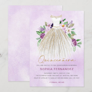 Invitación Purpurina de oro morado Vestido floral Quinceañera