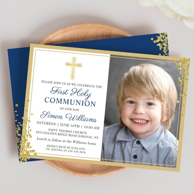 Invitación Purpurina de oro Navy Blue First Holy Communia Fot (Subido por el creador)