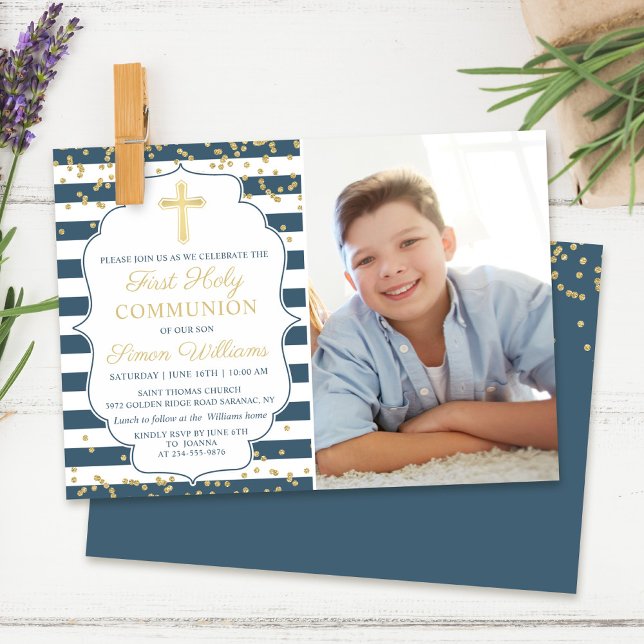 Invitación Purpurina de oro Navy Blue First Holy Communia Fot (Subido por el creador)