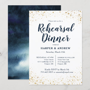 Invitación Purpurina de oro Navy Blue Watercolor Ensayo Cena