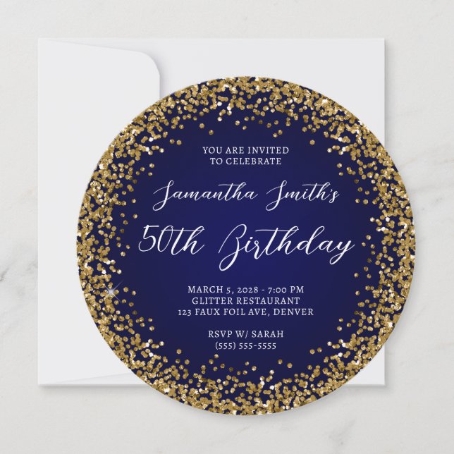 Invitación Purpurina de oro Navy Ombre 50 cumpleaños (Anverso)