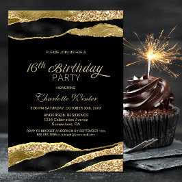 Invitación Purpurina de Oro Negro 16ª fiesta de cumpleaños
