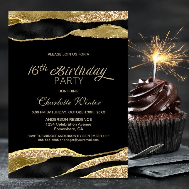 Invitación Purpurina de Oro Negro 16ª fiesta de cumpleaños (Subido por el creador)